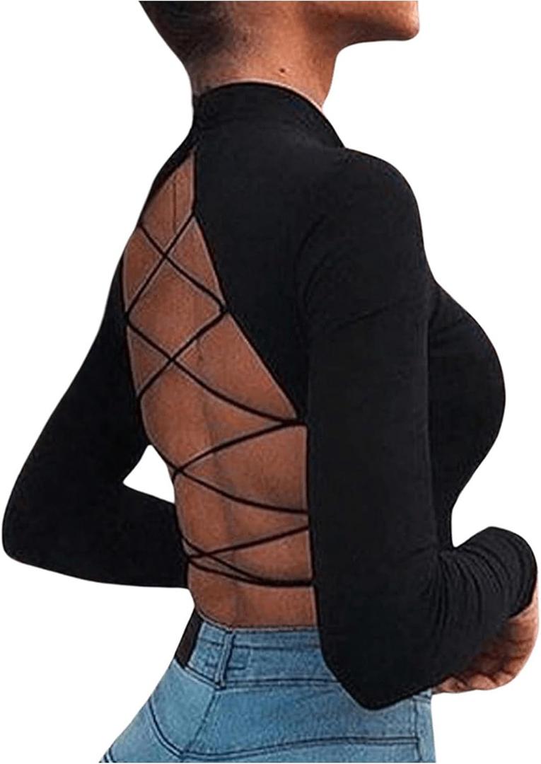 SOLY HUX Women's Open Back Tops Mock Neck Long Sleeve Criss Cross Backless T Shirt Going Out Crop Top (Plain Black), S