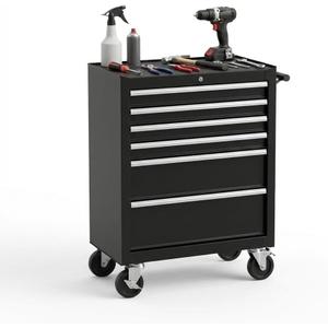 7-Drawer Tool Chest, Rolling Tool Cart with Wheels, Large Capacity Tool Storage Cabinet with Keyed Locking,Drawer Liners&Link Buckle, for Garage, Workshop, Warehouse,24.21"L * 13.78"W * 34.06"H Black