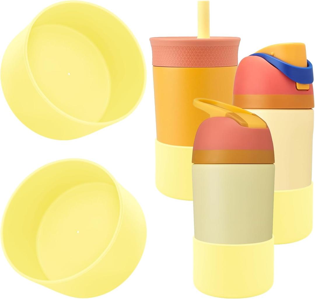 2Pcs Protective Silicone Boot Compatible with Owala Kids 16oz/14oz Water Bottle & 12oz Tumbler, Kids-Friendly Anti Slip & Anti Scratches Bottom Sleeve Bumper Cover Protector (Yellow)