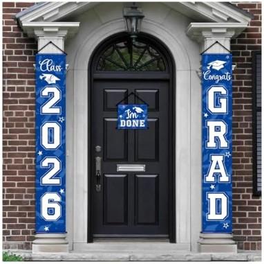Moukeren 3 Pieces 2026 Graduation Party Decorations Graduation Porch Sign Class of 2026 Grad Hanging Porch Banner Backdrop Door Sign for Grad Party Home Door Wall Decor, Blue ,Pack Of 2