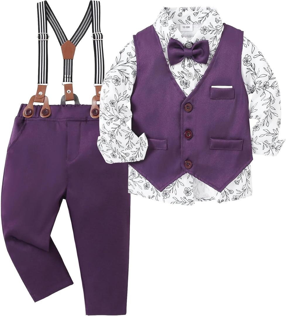 ZOEREA Toddler Boy Suit Formal Wedding Outfits Gentleman Clothes Long Sleeve Shirt + Suspender Pants + Bowtie (4-5T, Purple)