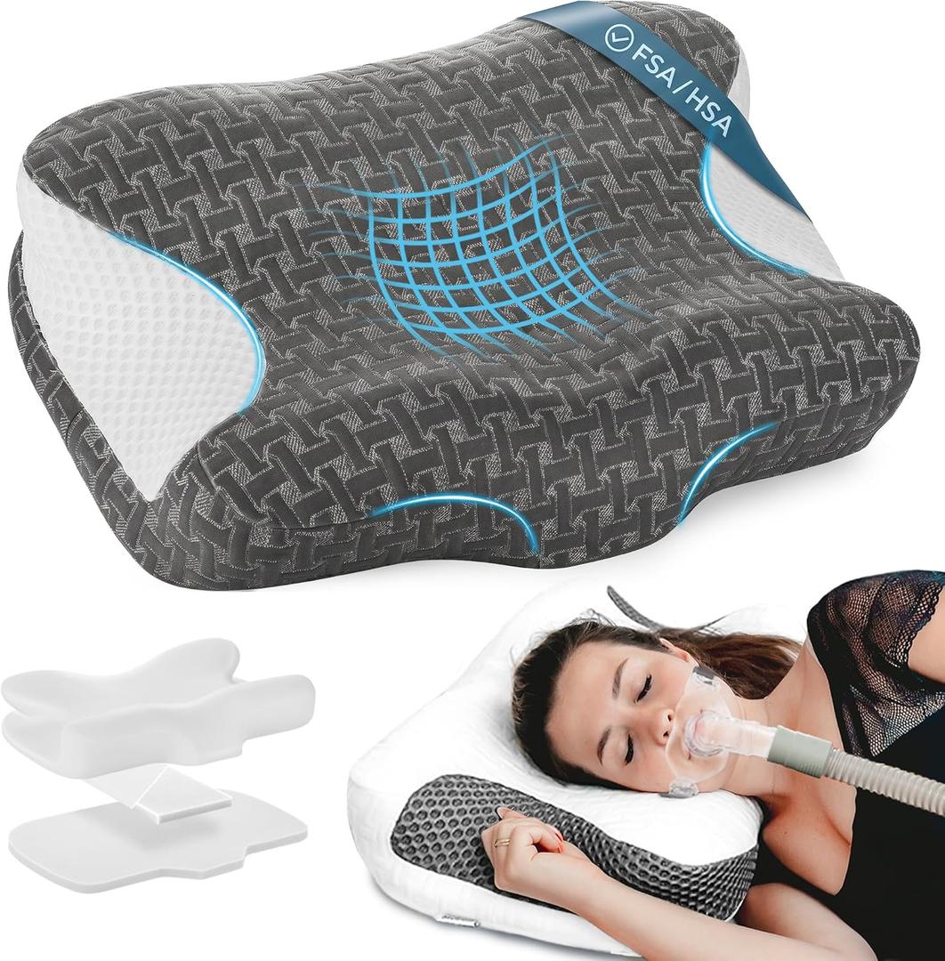Elviros CPAP Pillow for Sleeping, HSA/FSA Ergonomic Adjustable Height Neck Support Memory Foam Bed Pillow for CPAP Users with Sleep Apnea, Suitable for Side and Back Sleepers (23.6"L*16.14"W*4.92/5.1"H, Dark Grey)