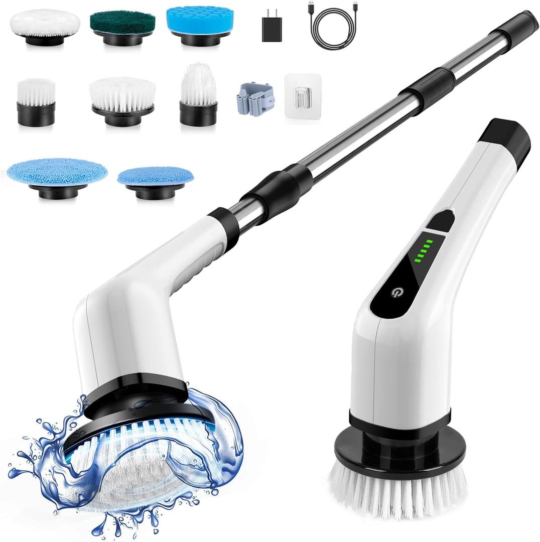 Electric Spin Scrubber, Cordless Cleaning Brush Scrubber for Home, 8 Replaceable Brush Heads-90Mins Work Time, 3 Adjustable Size, 2 Speeds for Bathroom Shower Bathtub Glass Car Electric Spin Scrubber, Cordless Cleaning Brush Scrubber for Home, 8 Replaceable Brush Heads-90Mins Work Time, 3 Adjustable Size, 2 Speeds for Bathroom Shower Bathtub Glass Car