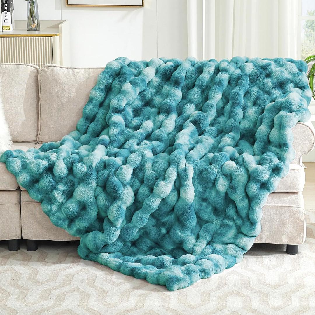 Ultra Plush Bubble Faux Rabbit Fur Blanket  950GSM Thick Fluffy Throw Blanket for Bed, Couch, Sofa, or Gift, 50"  60", Tie-dye Teal