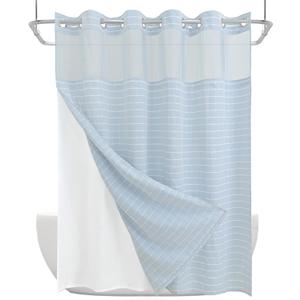 No Hook Shower Curtain Set with Snap-in Detachable Liner and Mesh Top Window, Grid Jacquard Fabric, Water-Repellent, 4 Hem Magnets, Side Suction Cups, Blue, 72 x 80 Inch