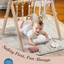 Wooden Play Gym with Beige Mat, Foldable Baby Play Gym, Infant Activity Mat with 6 Hanging Toys, Natural Pine Wood Frame Activity Center, Easy to Assemble & Clean, Newborn Present for Boys & Girls