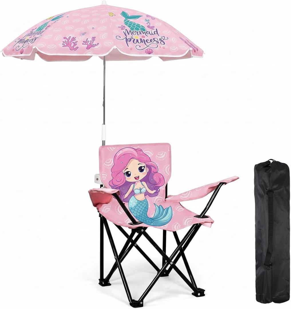 Redbaker Mermaid Kids Beach Chair with Umbrella Pink Toddler Folding Lawn and Camping Chair with Summer Shade for Boys Girls Outdoor Pool Travel Picnic