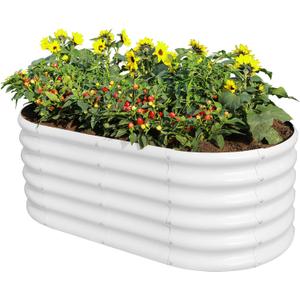 Land Guard 18“ Tall 4×2ft Galvanized Raised Garden Bed Kit, Galvanized Planter Garden Boxes Outdoor, Oval Large Metal Raised Garden Bed for Vegetables (Pearl White, 4×2×1.5ft)