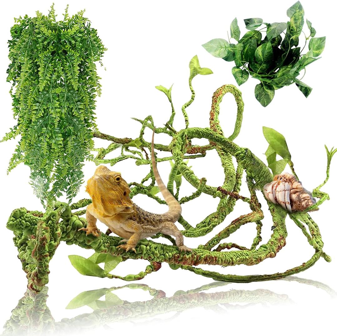 Hamiledyi Reptile Plants Bendable Jungle Climbing Vine Terrarium Branch Flexible Plastic Leaves Hanging Pet Habitat Decoration for Bearded Dragon Lizard Gecko Frog Snake Tank Accessories Decor (3 PCS - Style 1)