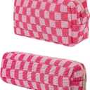 Checkered Makeup Bag,Travel Makeup Bag Toiletry Bag Cute Makeup Brushes Bag Cosmetic Bags for Women Zipper Preppy Makeup Bags for Purse Large Travel Cosmetic Bag (Girls Pink)