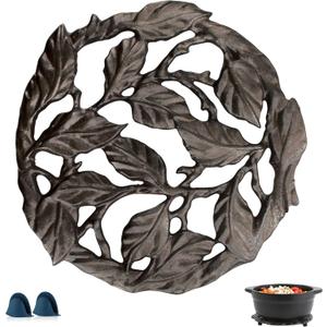 Cast Iron Trivet, 7.28 inch Metal Trivet for Hot Dishes, Heat-Resistant Decorative Trivets to Protect Dining Countertop or Kitchen Decoration with 2 Silicone Mini Pinch Mitts (Leaves)
