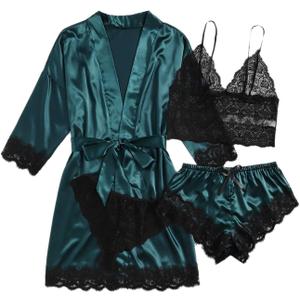 WDIRARA Women' Silk Satin Pajamas Set 4pcs Lingerie Floral Lace Cami Sleepwear with Robe (XX-Large, Green)