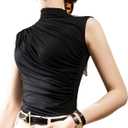 Avanova Women Fitted Sleeveless Ruched Tank Top Shirt Mock Turtleneck Blouses (Small, Black)