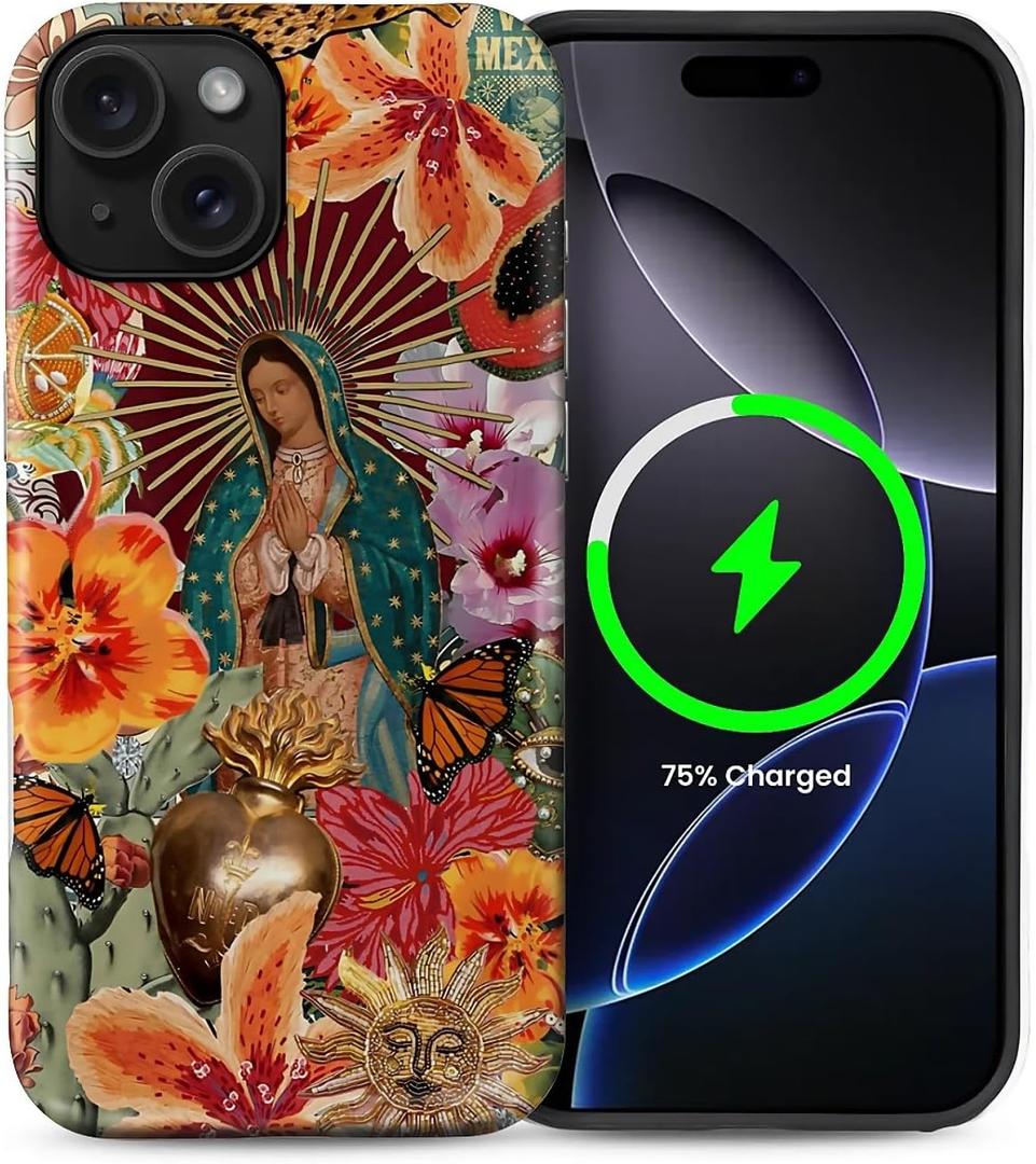 Case for iPhone 15 [Compatible with MagSafe], Matte Soft Silicone + Hard PC Anti-Scratch Shockproof Protective 2-in-1 Case for Women Men - Virgin Mary Flower Collage