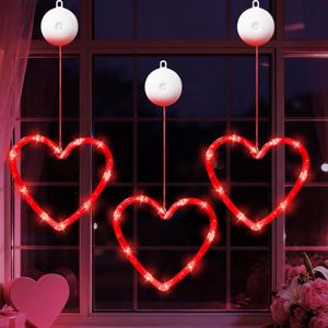 Valentines Day Decorations Window Lights, 3PCS Heart Window Light Valentines Day Decor, Red Lighted Valentine Windows Decorations Heart Decor Lights
