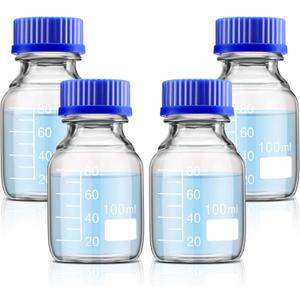 Patelai 4 Pieces Glass Round Media Storage Glass Bottles Borosilicate Media Bottles with GL45 Blue Screw Cap for Lab Water Reagent Liquids(100 ml)