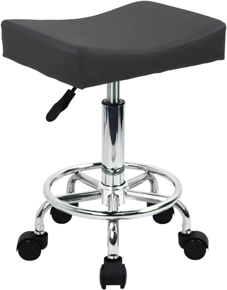 Square Rolling Stool with Footrest PU Leather Height Adjustable 360 Swivel Stool with Wheels Massage SPA Salon Stools Task Chair Desk Drafting Bedroom Vanity Stool (Grey)