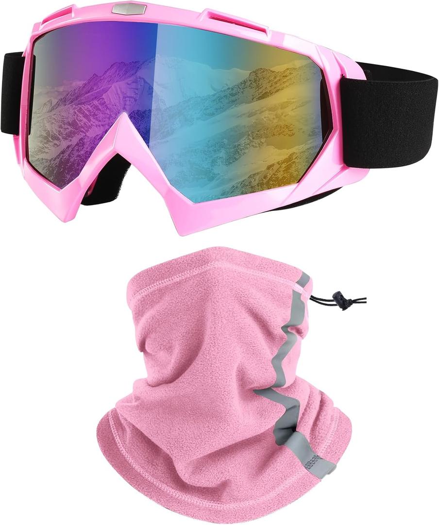 Ski Goggles, Snowboard Motorcycle Goggles with Reflective Winter Neck Gaiter Face Cover for Youth Teens Men Women (Pink)