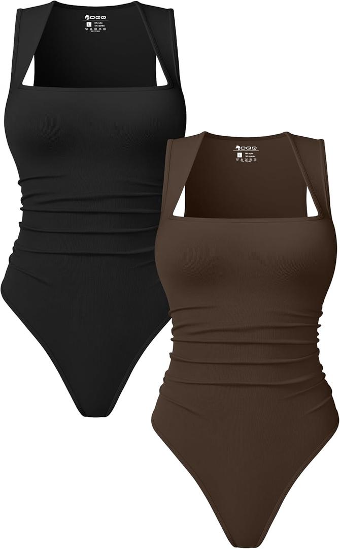 OQQ Womens Square Neck Sleeveless Bodysuit Shapewear Tank Top Stretchy Slim Fit Bodycon Top for Going Out 2 Pack (Large, Black,Darkbrown)