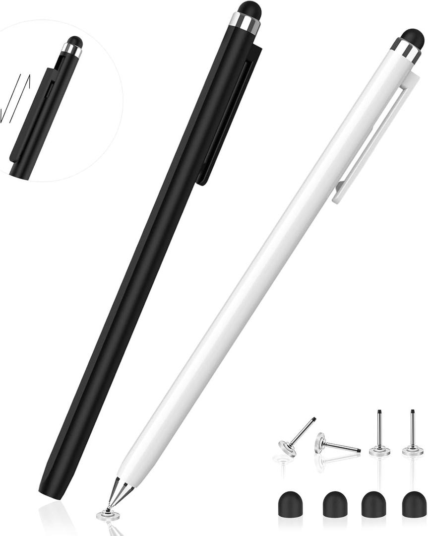 Stylus Pen for Touch Screen(2 Pack) - Mixoo 2-in-1 High Sensitivity Retractable Stylus with Smaller Disc Tip Universal Stylus for iPad iPhone Tablets All Capacitive Touchscreen Devices (Black + White)