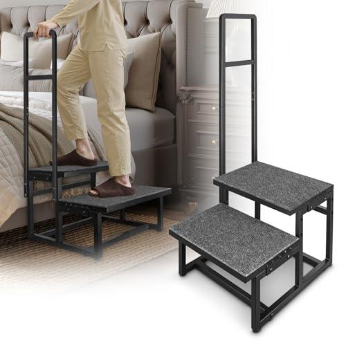 2-Step Stool with Handle for Elderly, Heavy Duty Non-Slip Step Stool for High Beds/Bathtub/Kitchen, Wide Anti-Slip Platform, Supports 450 lbs