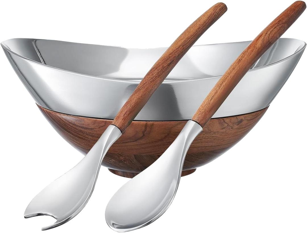 Decorative Acacia Wood & Silver Serving Bowl With Two Servers, Fork & Spoon, Stainless Steel Metal & Brass, Dark Wooden Trim Accent Basket Salad Fruit, Potpourri Living, Dining Room Table Home Decor