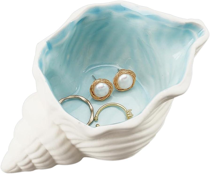 NBEADS Conch Shape Ceramic Jewelry Tray, Aqua Shell Trinket Dish Ceramic Ring Earring Holder Ocean-themed Decorative Trinket Plate for Rings Earrings Necklaces Bracelet Jewelry Watch Keys (Blue&White-Conch)
