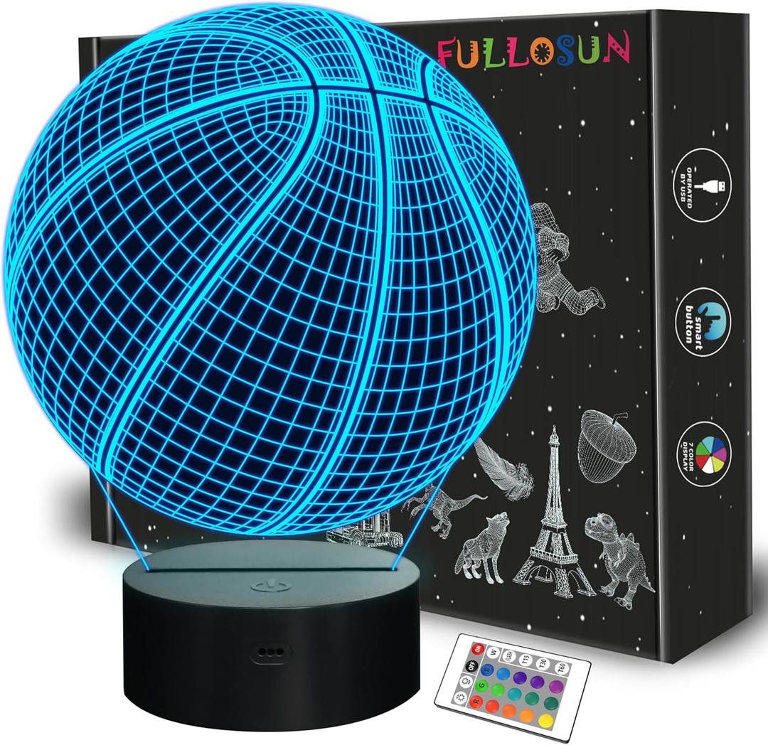 FULLOSUN Basketball 3D Night Light Birthday Gift Lamp, Light Up Basketball Easter Gifts 3D Illusion Lamp with Remote Control 16 Colors Changing Sport Fan Room Decoration Boy Girl Room Idea