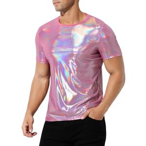Casey Kevin Mens Metallic T-Shirts Shiny Shirt for Mens 70s Disco Outfits for Mens Holographic Short Sleeve Tops Pink XXL