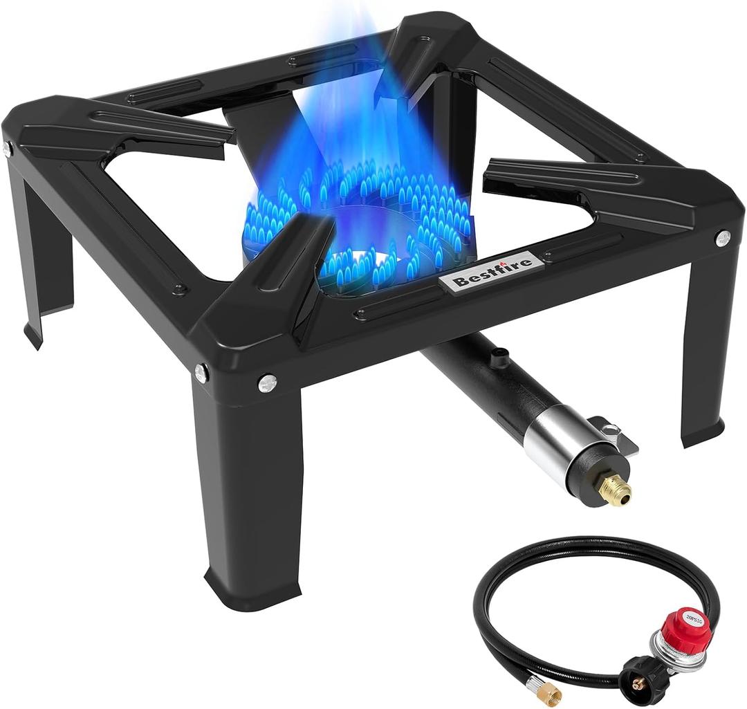 Bestfire High Pressure Propane Burner, 260000 BTU Single Propane Stove with 4.1ft 0-20Psi Adjustable Hose with Regulator, 16" Square Steel Cooktop for Camping