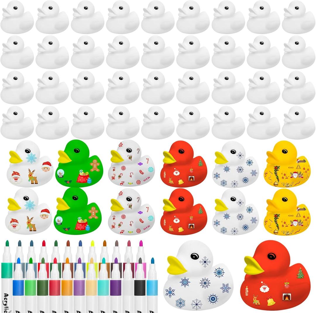 Gaiaring 60 Pcs 2 Inch White Blank Rubber Ducks Bulk Christmas Gift DIY Rubber Ducks with Pens of 24 Colors Waterproof Float Squeak Ducks Gifts for Birthday Christmas Party