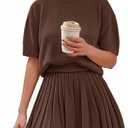 Womens 2 Piece Outfits 2026 Short Sleeve Crewneck Knit Tops And Pleated Mini Skirt Two Piece Sets (Brown, M)
