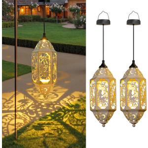 Outdoor Solar Lanterns Waterproof Fairy Moon Garden Gifts for Women Mom12.4 Metal Garden Lanterns Hanging Light for Patio Backyard Decorations, Mothers Day Birthday Gifts (Gold White,2Pack)