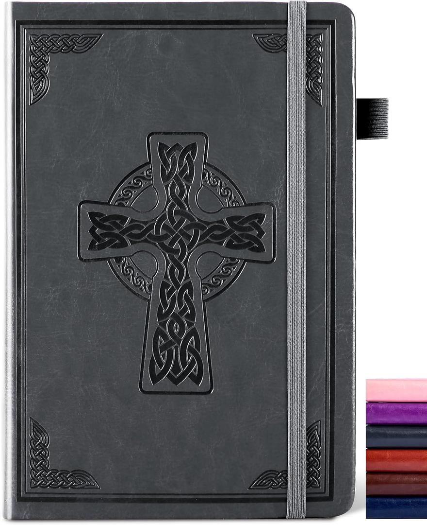 CAGIE Leather Lined Journal Notebook for Men & Women, Debossed Cross, 320 Pages 100 GSM Thick Paper, A5 Hardcover Journaling Notebooks for Writing, 5.7'' X 8.3'' Diary, Grey