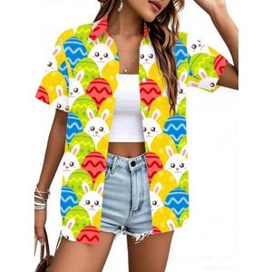 Easter Shirt for Women: Happy Easter Shirts Cute Rabbit Graphic T Shirt Short Sleeve Button Down Tee Tops (Yellow, S)