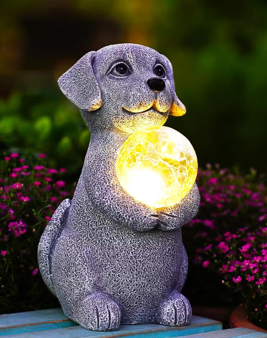 Tiejiajiang Dog Garden Statues  8.4 Dog Decor with Gazing Ball LED Lights, Unique Gifts for Mom Grandma Birthdays, Outdoor Decor for Outside Lawn Porch Patio (Gray)