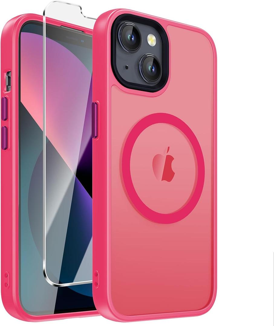 4 x DEERLAMN Magnetic Matte Case for iPhone 13/14 with Screen Protector, [Compatible with MagSafe][Military Grade Drop Protection] Slim Translucent Shockproof Protective Phone Cover, Hot Pink