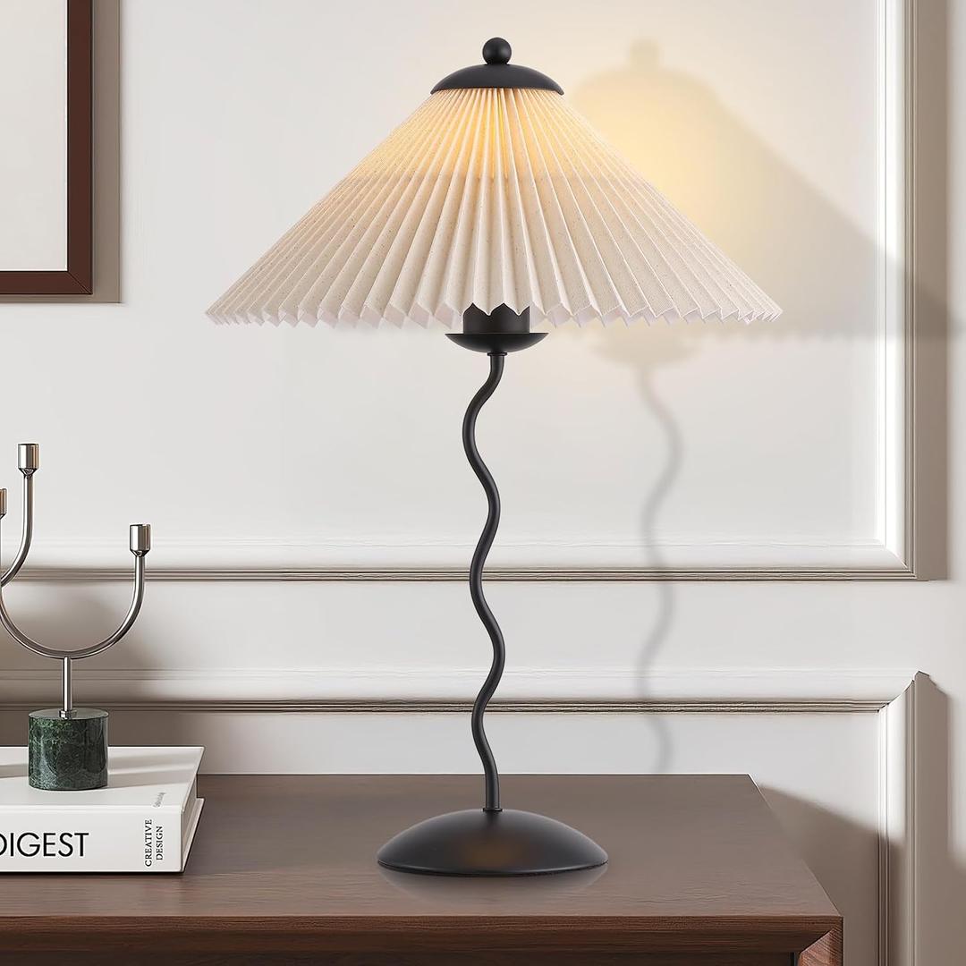 Pleated Table Lamp, S Tube Modern Table Lamp for Bedroom, Bedside Lamps with Organic Textured Linen Lampshade for Nightstand Bedroom Home Office Decor, Black