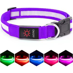 VIZPET LED Dog Collar, Light Up Dog Collar Adjustable USB Rechargeable Super Bright Safety Light Glowing Collars for Dogs (Purple, Small[11.02-15.74 inch/28-40cm])