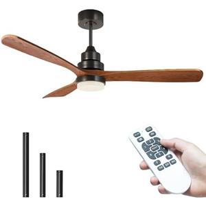 Ceiling Fans with Lights and Remote, 52 Inch 3 Blade Modern Wood Ceiling Fan with 3 Downrods, Quiet DC Motor, Outdoor Ceiling Fan for Bedroom Living Room Patio, Porch, Farmhouse
