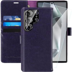 MONASAY Wallet Case Fit for Samsung Galaxy S24 Ultra 5G[Lens & Glass Screen Protector] [RFID Blocking] Flip Folio Leather Cell Phone Cover with Credit Card Holder, 6.8 inch, Purple