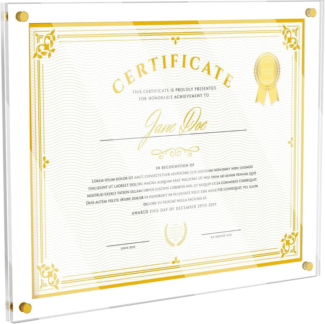 11X14 Acrylic Picture Frame for Wall, Clear Diploma Frame, No Drill Floating Frameless Photo Frame for Diploma Certificate Degree Document & Artworks Display, Graduation Gift for Students (1 Pack, Straight edge)