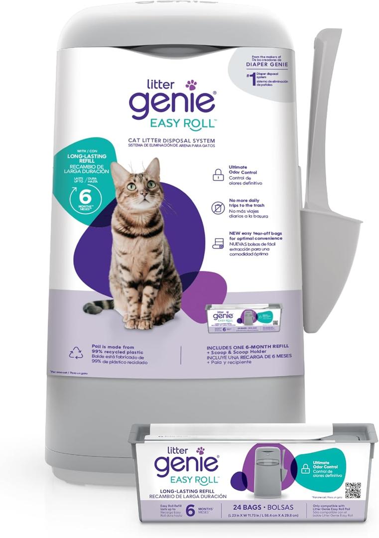 Litter Genie Easy Roll Pail | Cat Litter Box Waste Disposal System for Odor Control | Includes 1 Continuous Refill Bag (Grey)