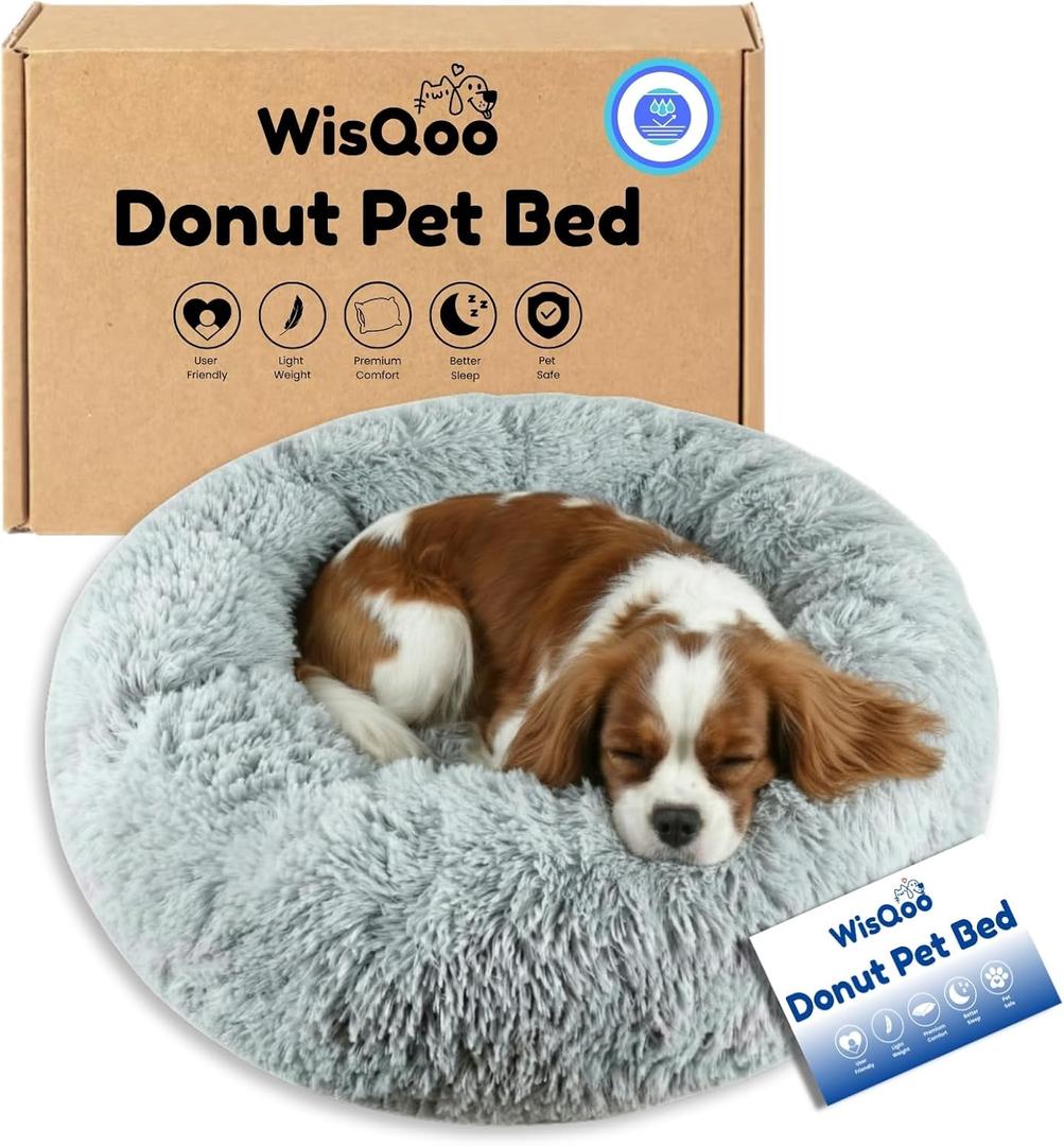 Calming Pet Bed with Water-Resistant Inner Liner Anti-Anxiety Donut Dog & Cat Bed with Removable Washable Cover Supportive Plush Nest, Non-Slip & Cushion Protection Small, Grey