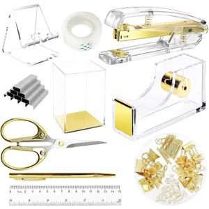 DRQ Gold Desk Accessories, Office Supplies Acrylic Stapler Set, 10Pcs Set for Office with Stapler, Tape Dispenser, Pens, Pen Holder, Phone Holder, Tape, Ruler, 1 Box Staple, Scissors and 1 Box of Clip