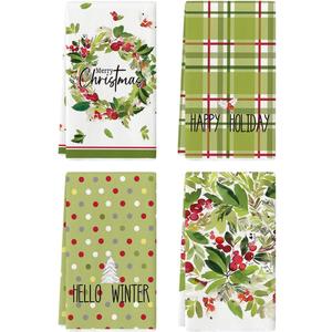 Artoid Mode Holly Berry Merry Christmas Kitchen Towels Dish Towels, 18x26 Inch Leaves Wreath Winter Holiday Decoration Hand Towels Set of 4