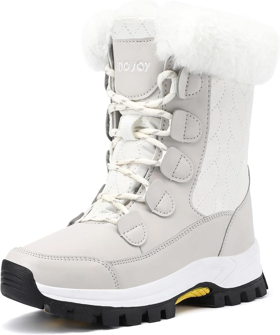 COOJOY Womens Winter Snow Boots Waterproof Shoes Walking Comfortable Hiking Tennis Booties Furry Mid Calf Warm Lightweight (7, Beige White)