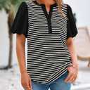 BTFBM Puff Sleeve Tops for Women Dressy Summer Vacation Outfits 2025 V Neck Casual Button Up Shirts Loose Striped Blouse (S)