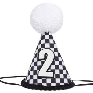 YOUAME Two Fast Birthday Hat for Boys - Race Car Second Birthday Cone Hat, 2nd Year Party Crown, Racing Car Cake Smash Photo Props, Fast Theme Party Decorations in Black and White Checkered Pattern