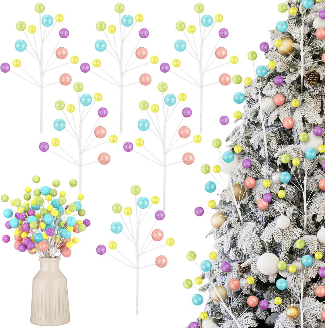 Amyhill 10 Pcs Pastel Christmas Decorations Macaron Ball Colorful Christmas Tree Picks 15 Inch Candy Ball Ornaments Xmas Picks for Tree Toppers Home Vase Fillers Xmas Party Decorations
